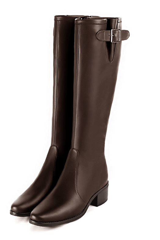 Dark brown women's knee-high boots with buckles. Round toe. Low leather soles. Made to measure. Front view - Florence KOOIJMAN